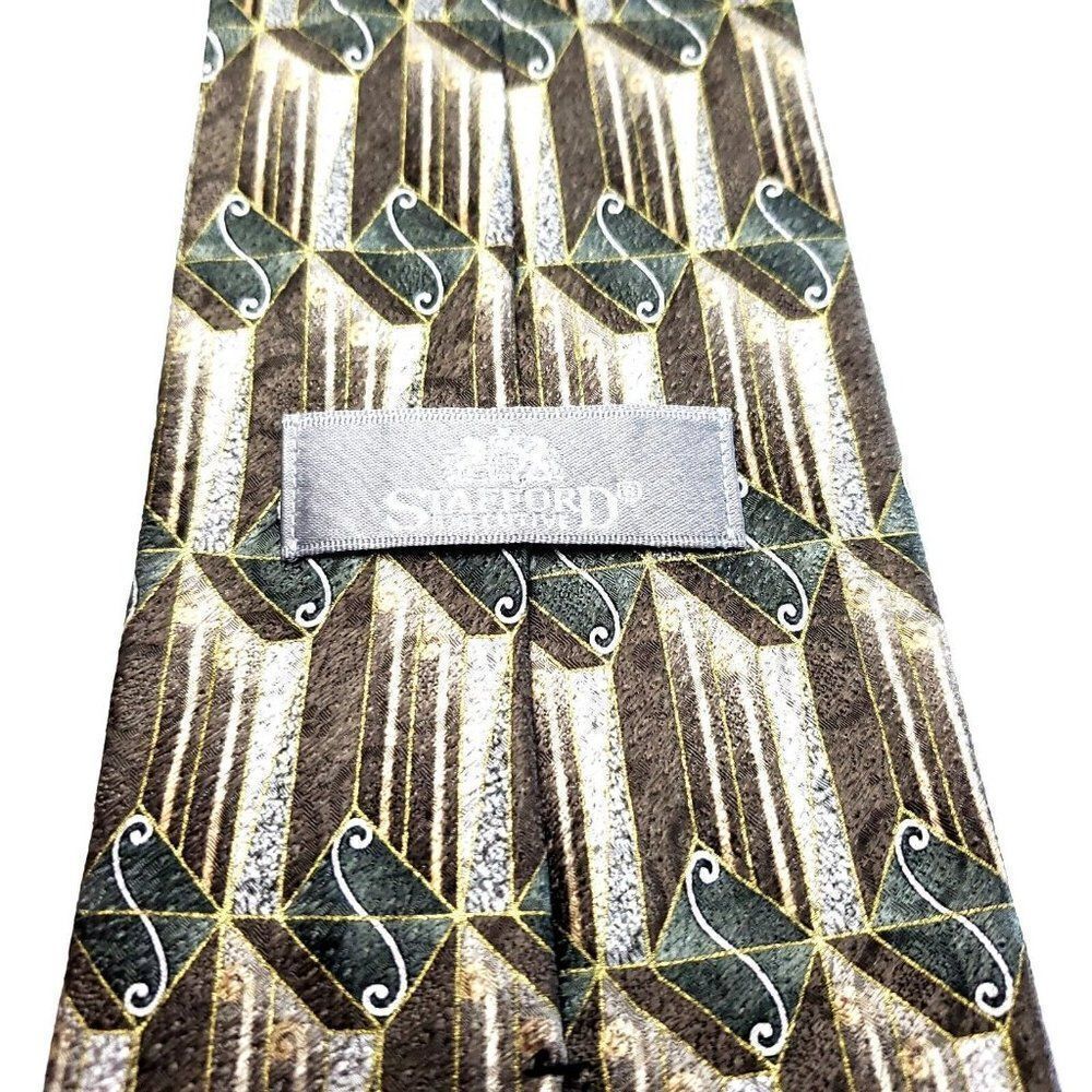 Stafford Executive Silk Tie‎ Brown Green Geometric Print Wide - Picture 4 of 6
